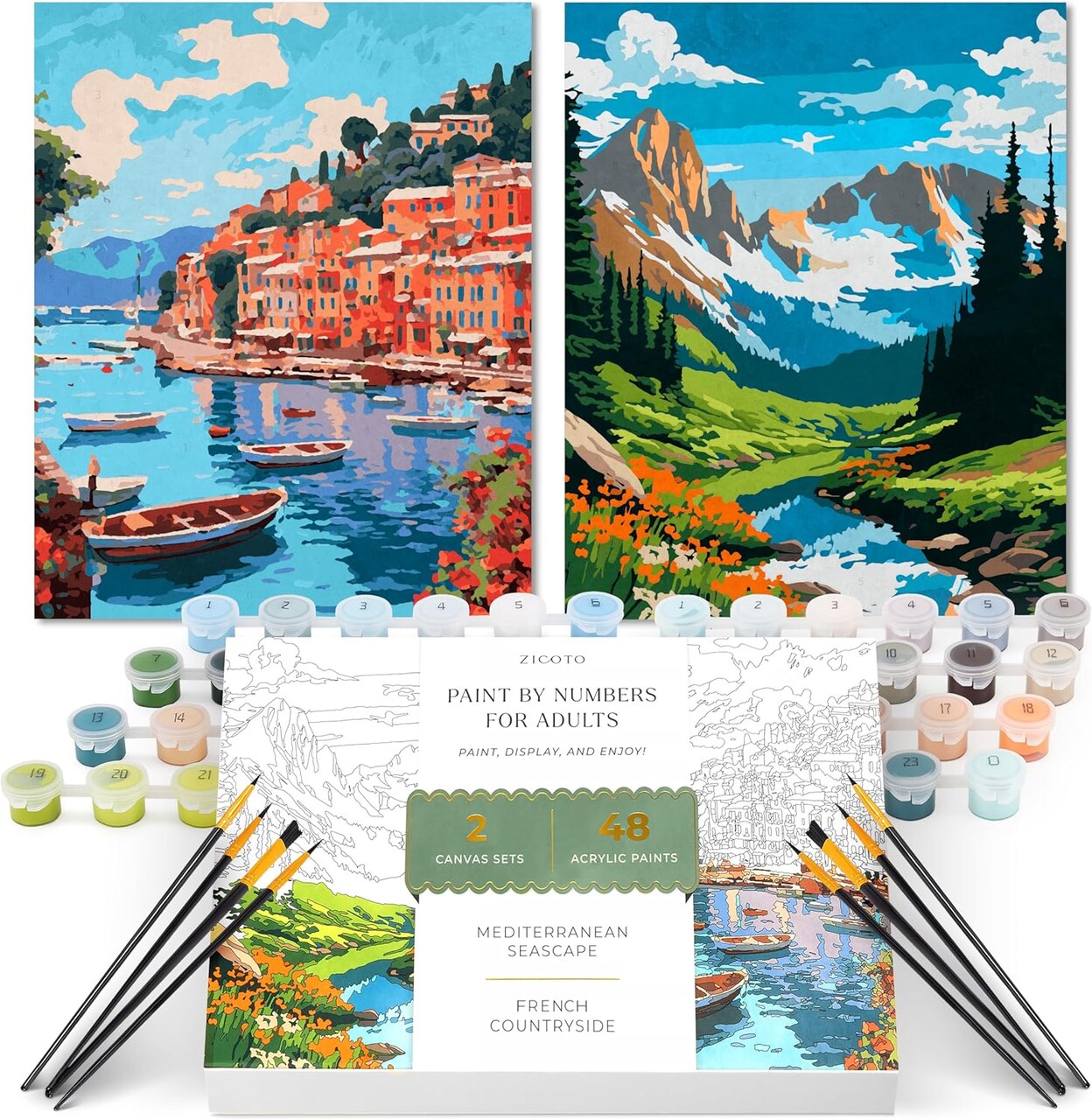 Paint by Numbers Kits for Adults – 2 Canvas Set DIY Acrylic Painting Kit, Beginner-Friendly Relaxing Paint by Number Art Set with Premium Brushes & Colors for Home Wall Decor